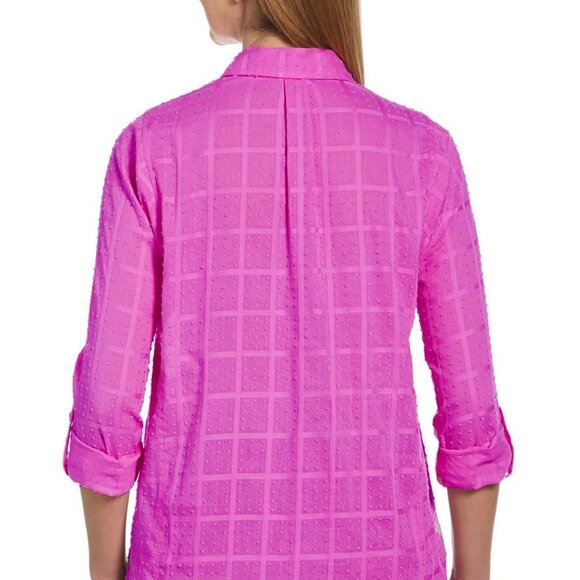RAFAELLA Audree Window Print Dobby Long Sleeve Button-Down Tunic Top Fuchsia L - Picture 3 of 11